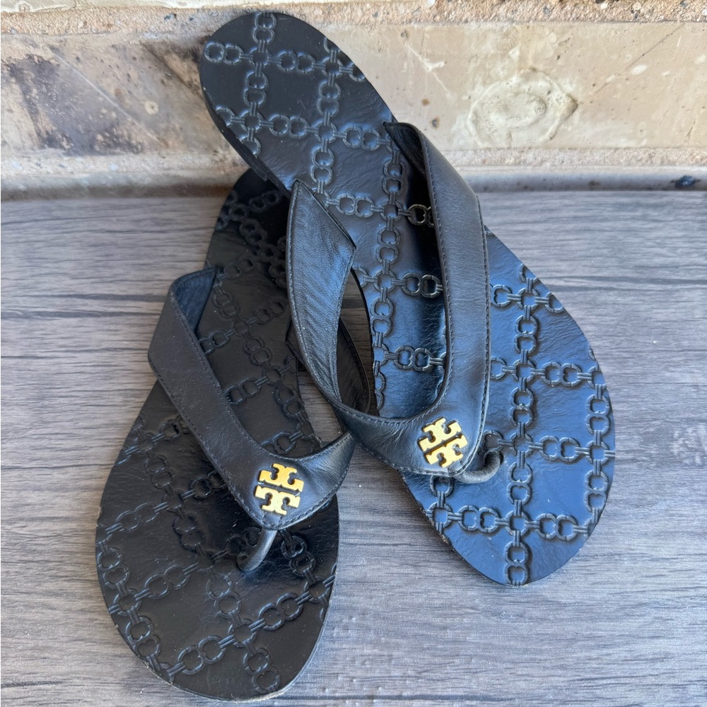 Tory Burch Women’s Leather Monroe Black Thong Sandals Size 7 - Picture 6 of 10